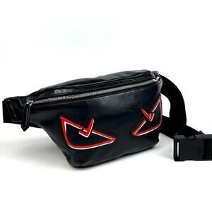 FENDI Bugs Eye Waist Clutch Monster FF Body Bag Crossbody Leather Black